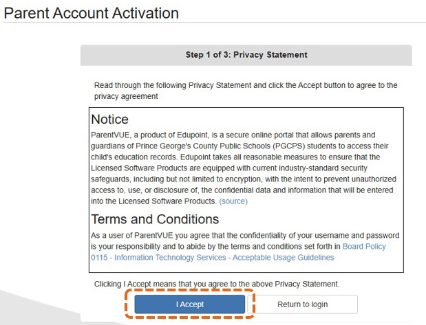 ParentVUE-activate-using-key-code-Step-1-I-Accept-terms